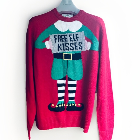 Ugly Christmas Sweater Free Elf Kisses Pullover Holiday Winter SP Christmas Noel - Picture 1 of 8